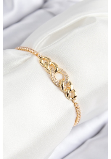 Pirinç Zirkon Taşlı Zincir Model Gold Renk Asansörlü Kadın Bileklik Çok Renkli