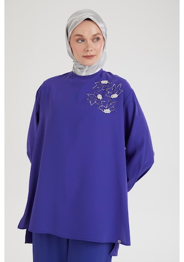 Armine Trend Kolları Düğmeli Taş Desenli Tunik-morcivert 25yt443 Morcivert