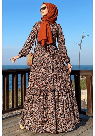 Güzide Yaprak Desenli Elbise Turuncu