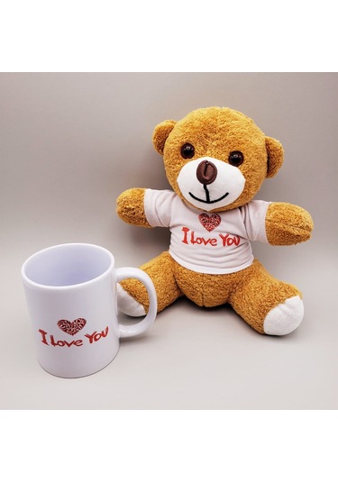 Kahverengi I Love You Tişörtlü Ayıcık Ve Baskılı Kupa Seti