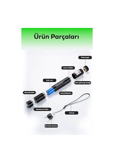10 Km Menzilli Şarj Edilebilir Yeşil Lazer Pointer Seti - 5200mah Çift Bataryalı & Güvenlik Kilidi Siyah