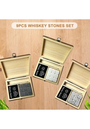9pcs Viski Taş Seti Soğutma Taşları Ahşap Kutu Soğutma Kayaları Yeniden Kullanılabilir Buz Küpleri - Gri Gri