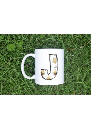 J Harfi Arı Desenli Kupa - Sevimli Hayvan Temalı Kişiye Özel Kahve Kupası - Şans Kupası Beyaz
