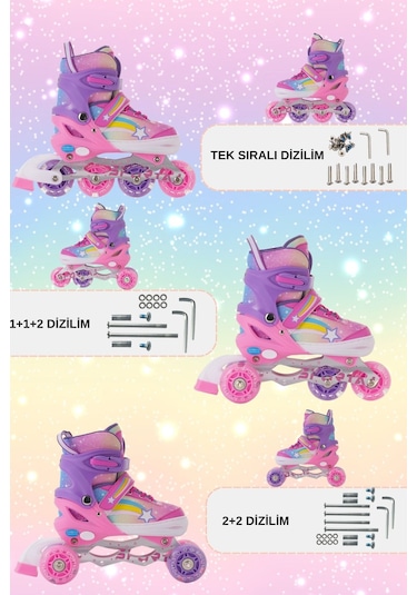 Yıldız Gökkuşağı Işıklı Kız Çocuk Pateni Silikon Teker Ayarlanabilir Paten Taşıma Çantalı Pembe Lila Pembe