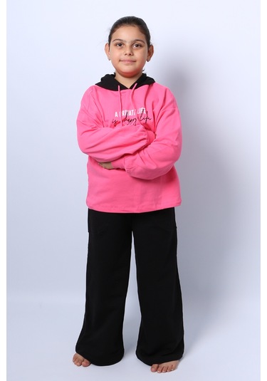 Kız Çocuk Kapşonlu Eşofman Takımı Baskılı İspanyol Paça C36 Pembe