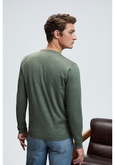 Grimelange VAREX Erkek Yuvarlak Yaka Basic Slim Fit Triko Haki Kazak