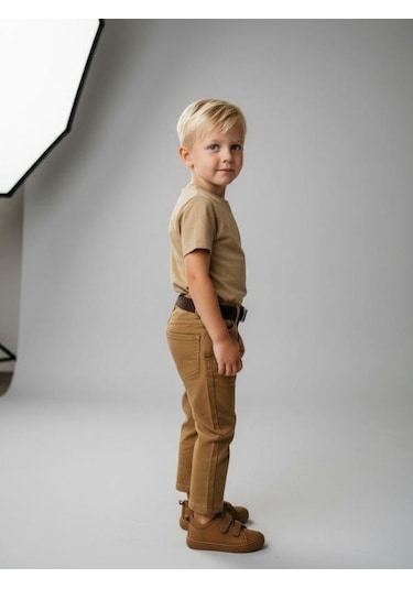 Zekids Erkek Çocuk Kemerli Gabardin Pantolon-16347 Bej