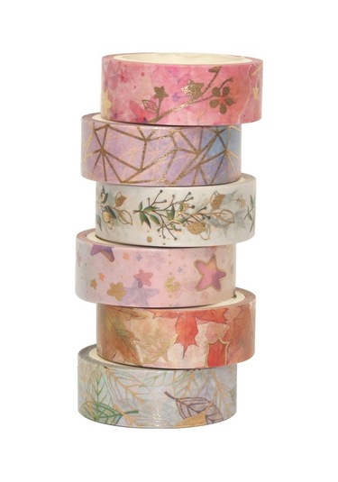 Novahub 6 Rulo Desenli Washi Bant Seti - Altın Yaprak Çiçekli Dekoratif Yapışkan Bant 15mm