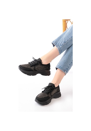 3002 Siyah Bağcıklı Fileli Taş Aksesuarlı Günlük Spor Ayakkabı Beyaz