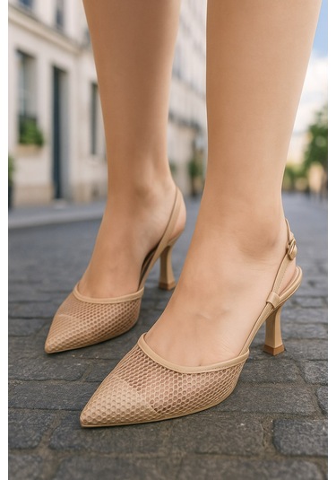 Günlük Kadın Fileli Arkası Açık Ayarlanabilir Tokalı İnce Topuklu Abiye Ayakkbı 923 Bej