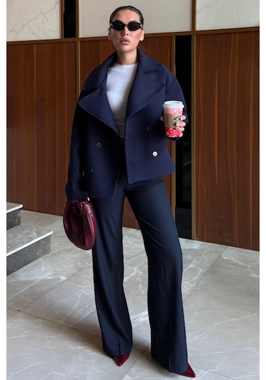 Lacivert Kısa Kaşe Kadın Kaban Mg2544 Lacivert