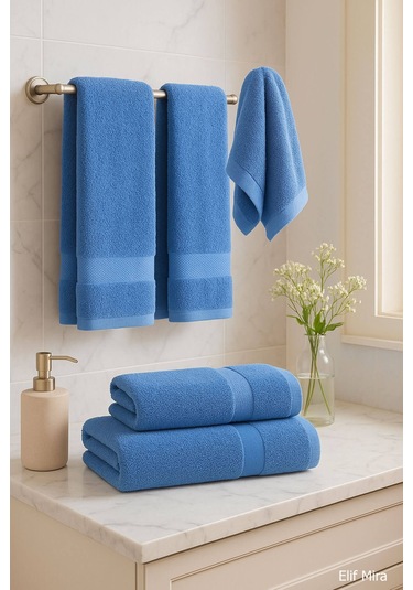4 Lü Banyo Havlusu Seti %100 Pamuklu 70x140 Cm Pleasure Mavi-mavi