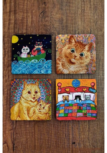 Doğal Taş Bardak Altlığı Louis Wain Kediler , Kedi 10x10cm Stone Coasters 4'lü Set Çok Renkli