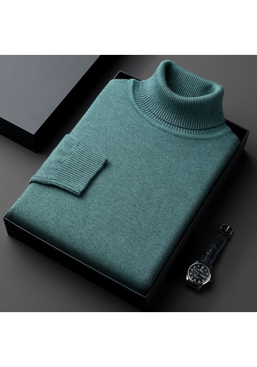 Erkekler İçin Yeni Sonbahar Ve Kış Sezonu Düz Renk Yüksek Yakalı Kazak Yeşil