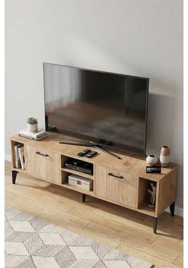 Tv Sehpası 160 Cm Modern Çok Amaçlı Dolaplı Raflı Televizyon Ünitesi Linya Sepet Rengi