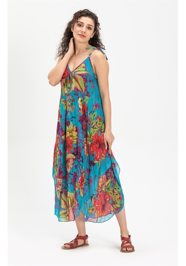 Askılı Vual Afrodit Midi Boy Elbise Turkuaz 6138