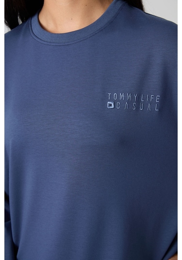 Tommy Life Petrol Basic Pamuklu O Yaka Oversize Lastik Paça Kadın Eşofman Takım - 95287 Petrol