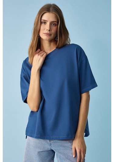 GRIMELANGE Jemmy Kadın %100 Organik Pamuk Relaxed Fit Yırtmaçlı Yuvarlak Yakalı Lacivert T-shirt Lacivert