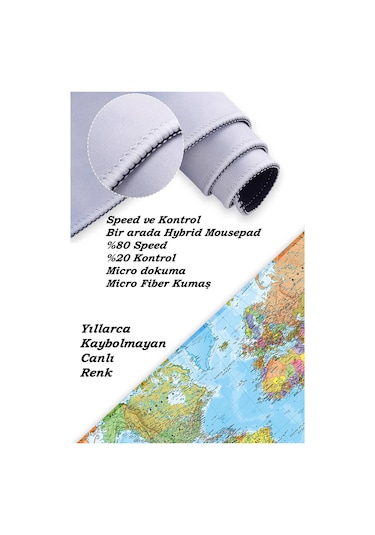 Dünya Haritası Oyun Gaming Klavye Mouse Pad Kaymaz Taban Kenarları Dikişli Su Geçirmez Masa Matı 70x30 Cm