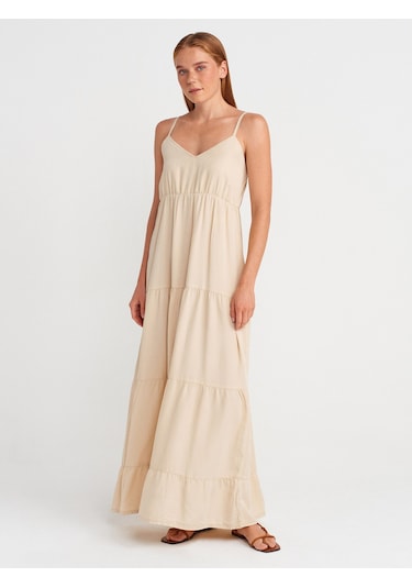 Dilvin 90573 Büzgülü Uzun Denim Elbise-taş Taş