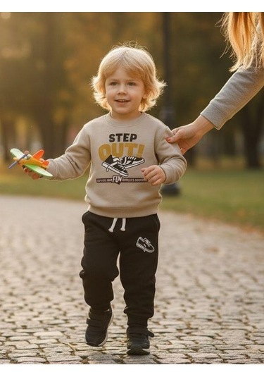 Zekids Erkek Çocuk Pamuklu Step Out Baskılı Eşofman Takımı-16348 Taş