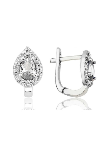 Aya Diamond Gümüş Beyaz Taşlı Damla J Kadın Küpe Beyaz