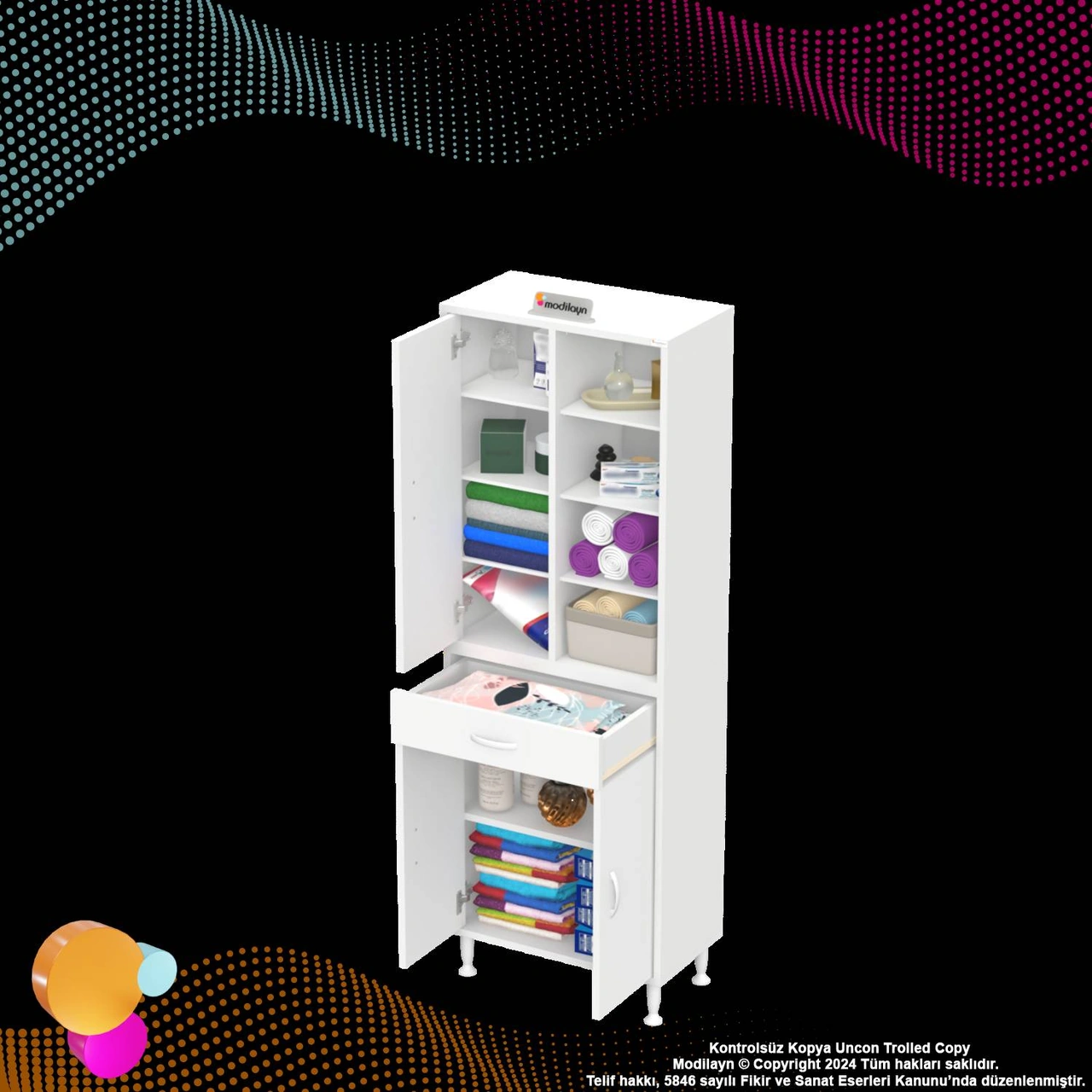 Kayra Banyo Ve Mutfak Dolabı Çok Amaçlı Dolap Tek Çekmece 3 Kapak 7 Raf 10 Bölme 65x173x32,5 Cm Beyaz