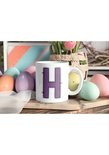 H Harfi Mor Puantiyeli Kupa Bardak - Polka Dot Tasarım Kahve Çay Bardak - Kişiye Özel Hediyelik Beyaz