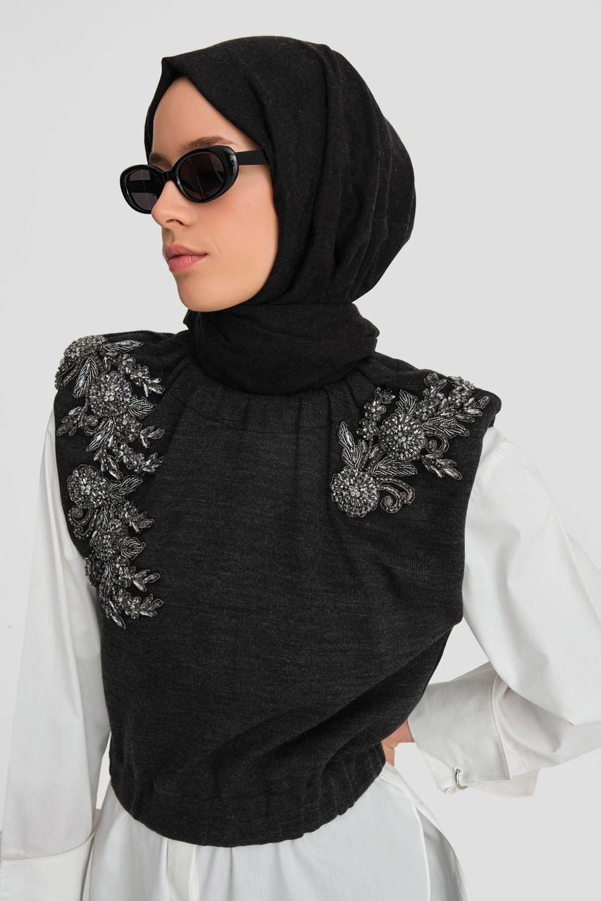 Armine Taş Aplikeli Süveter Yelek 25k4204 Antrasit Füme