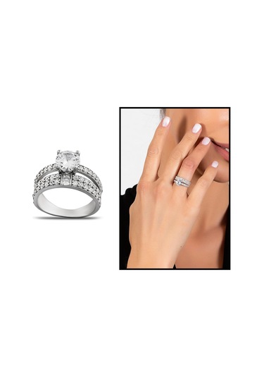 Zirkon Taşlı Çift Sıra Tasarım 925 Ayar Gümüş Kadın Tektaş Yüzük Beyaz