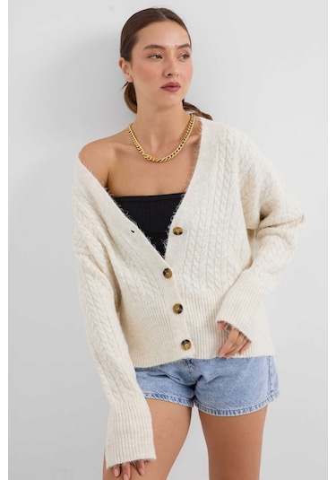 Gabria Örgülü Düğmeli Hırka Ekru