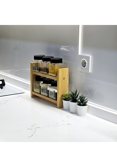 6'lı Baharatlık Standlı Cam Çift Yönlü Kapak 1. Sınıf Kalite Çam Bambu