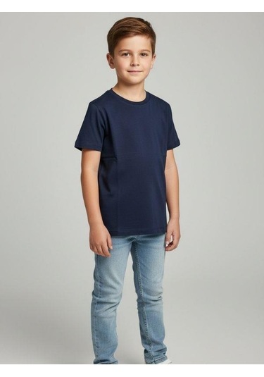 Zekids Çocuk Pamuklu Basic Yuvarlak Yaka T-shirt-16714 Lacivert