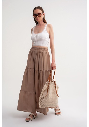 4662 Kadın Düğme Detaylı Büzgülü Modal Etek Toprak Toprak