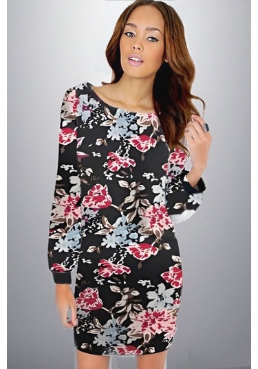 Kadın Uzun Kollu Bisiklet Yaka Dalgıç Mini Boy Elbise Desenli