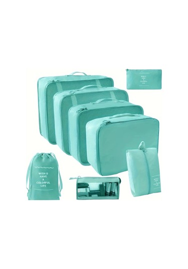 Fochsia Makyaj Çantası Sekiz Parça Set Parlak Mavi 8 Parça Seyahat Saklama Organizer Ahşap