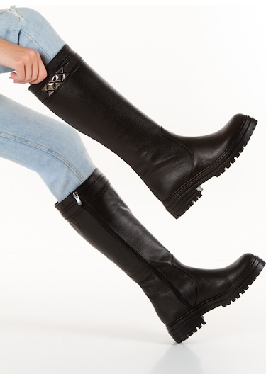 İlolica Hakiki Deri Kalın Taban Kadın Çizme Siyah