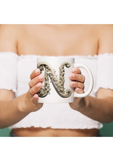 N Harfi Bardak, Monogram 330 Ml Barok Oymalı Görünüm Beyaz