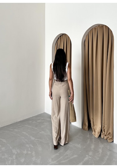 Vizon %100 Keten Palazzo Pantolon Vizon