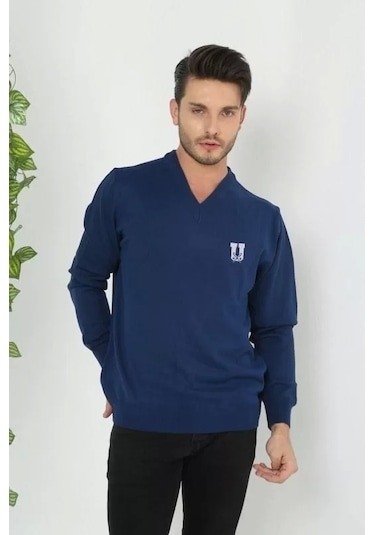 Baskılı V Yaka Uzun Kol Dokuma Triko - Indigo Lacivert