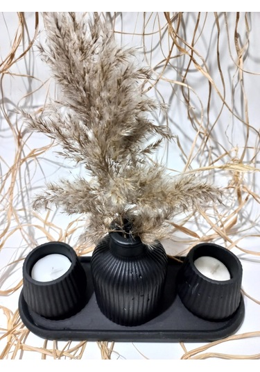Küp Vazolu Tabaklı Tealight Mumluk Set Siyah