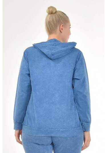 Kadın Büyük Beden İtalyan Yıkama Mavi Kapşonlu Sweatshirt Mavi