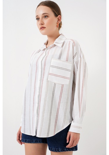 Kadın Çizgili Oversize Gömlek 20278 - B.beyaz Beyaz