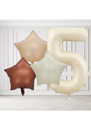5 Yaş Retro Krem Bej Kahverengi Yıldız Folyo Balon Seti Krem Rakamlı Doğum Günü Şık Parti Süsleme Çok Renkli