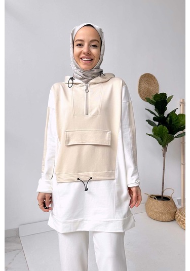 Kanguru Cep Kapüşonlu Takım - Bej
