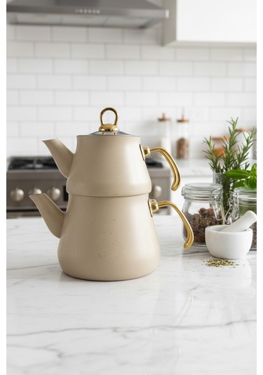 Yunusoğlu Home Granit Kaplama Gold Kulplu Cam Kapak Çaydanlık Krem Krem