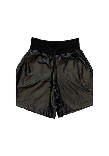 Kız Çocuk Beli Lastikli Deri Şort-15036 Siyah