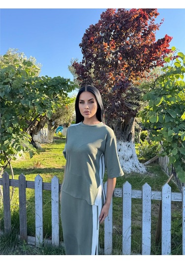 Haki Pamuk Yandan Çizgili Midi Takım Haki