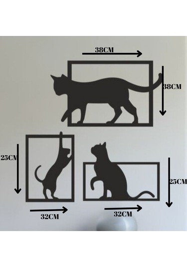 3 Parça Sevimli Kedi Figürlü Lazer Kesim Duvar Süsü İç Dekorasyon