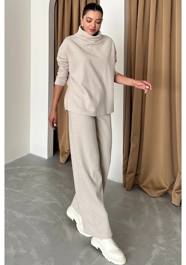 Modagen Kadın Selanik Kumaş Balıkçı Yaka Alt Üst Takım Bej